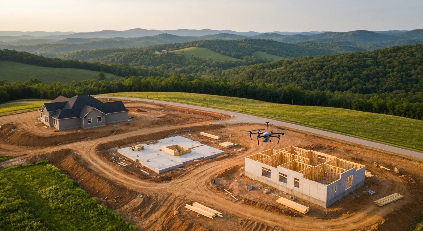 aerial imaging in progress at a construction site in Ozark, MO with local terrain visible