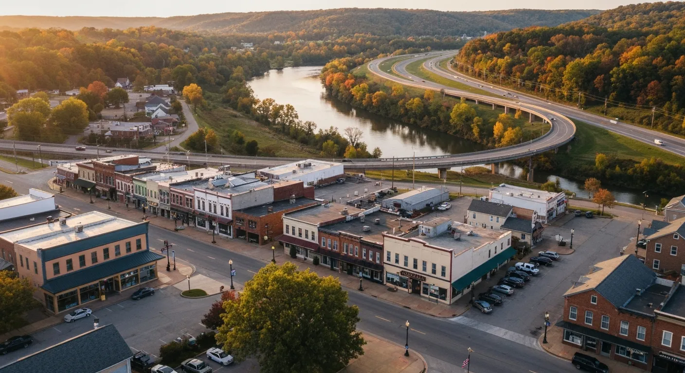 Aerial view of Ozark, MO showing the local landscape and terrain relevant to aerial imaging operations