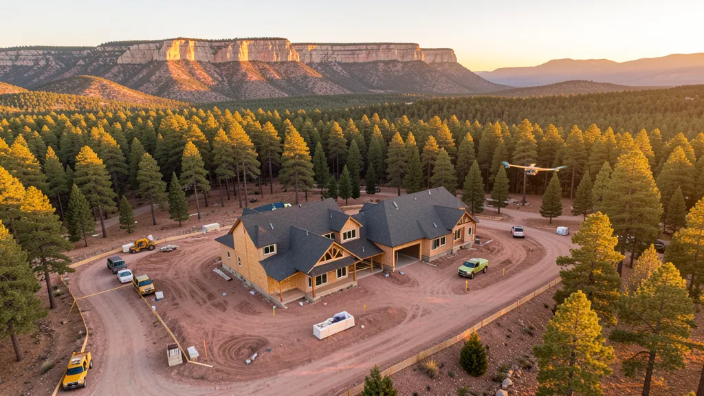 aerial imaging in progress at a construction site in Payson, AZ with local terrain visible