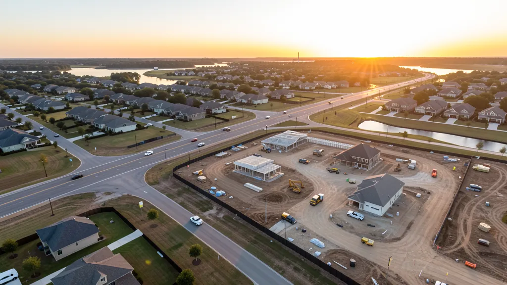 aerial imaging in progress at a construction site in Pearland, TX with local terrain visible