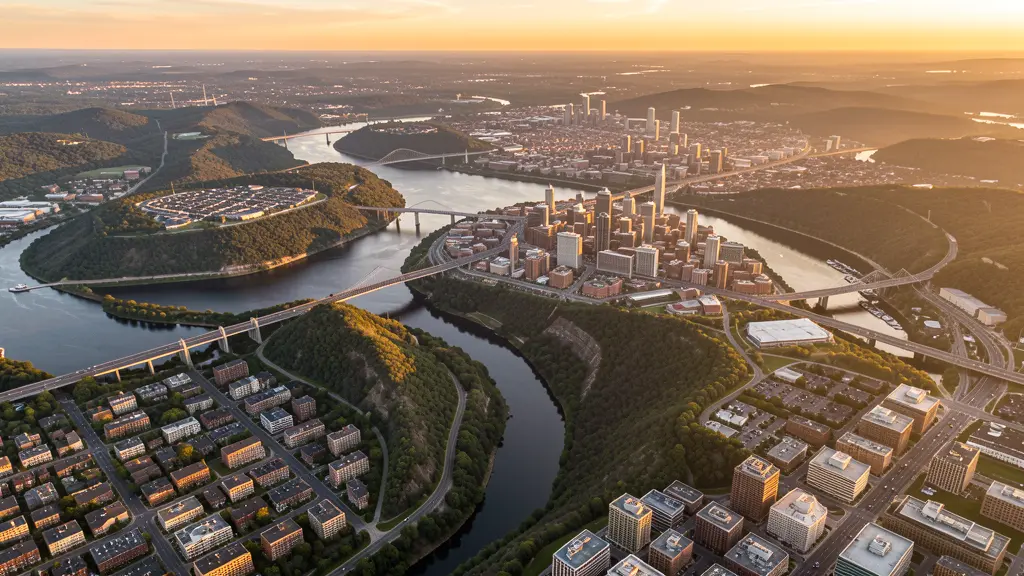 Aerial view of Pittsburgh, PA showing the local landscape and terrain relevant to aerial imaging operations