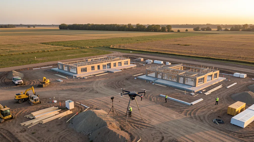 aerial imaging in progress at a construction site in Plainfield, IL with local terrain visible
