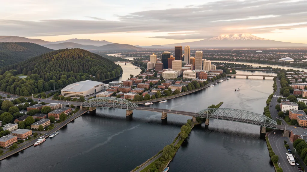 Aerial view of Portland, OR showing the local landscape and terrain relevant to aerial imaging operations