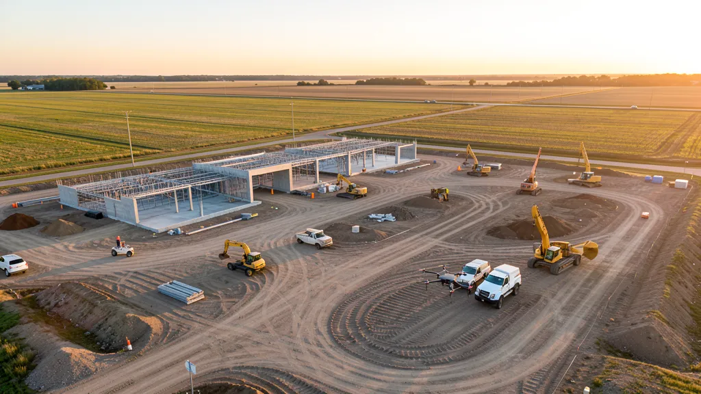 aerial imaging in progress at a construction site in Romeoville, IL with local terrain visible