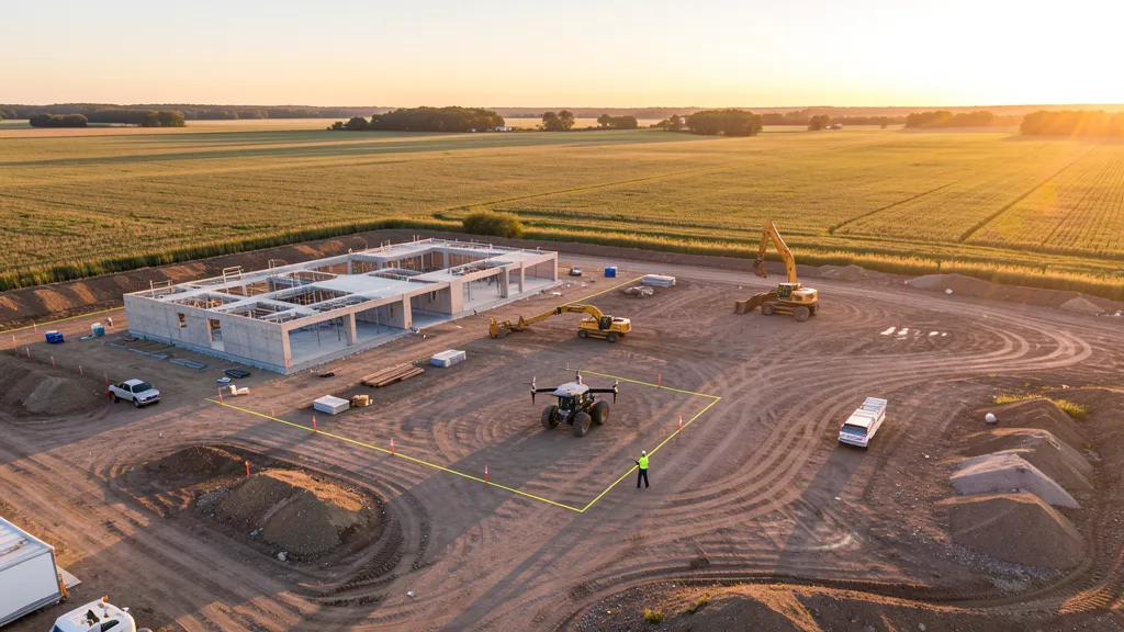 aerial imaging in progress at a construction site in Round Lake Beach, IL with local terrain visible