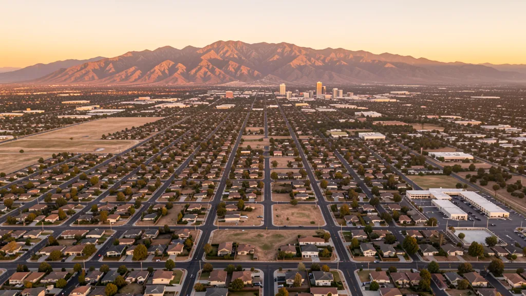 Aerial view of San Bernardino, CA showing the local landscape and terrain relevant to aerial imaging operations