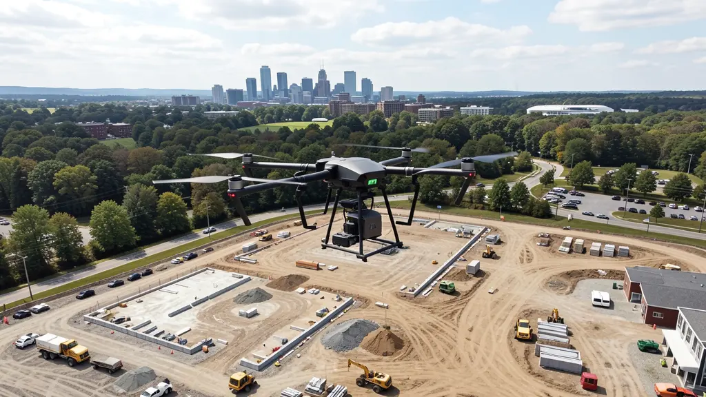 aerial imaging in progress at a construction site in Scranton, PA with local terrain visible