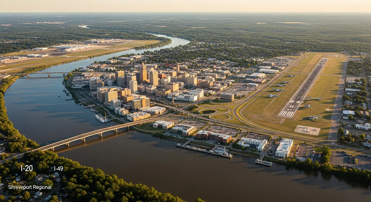 Aerial view of Shreveport, LA showing the local landscape and terrain relevant to aerial imaging operations