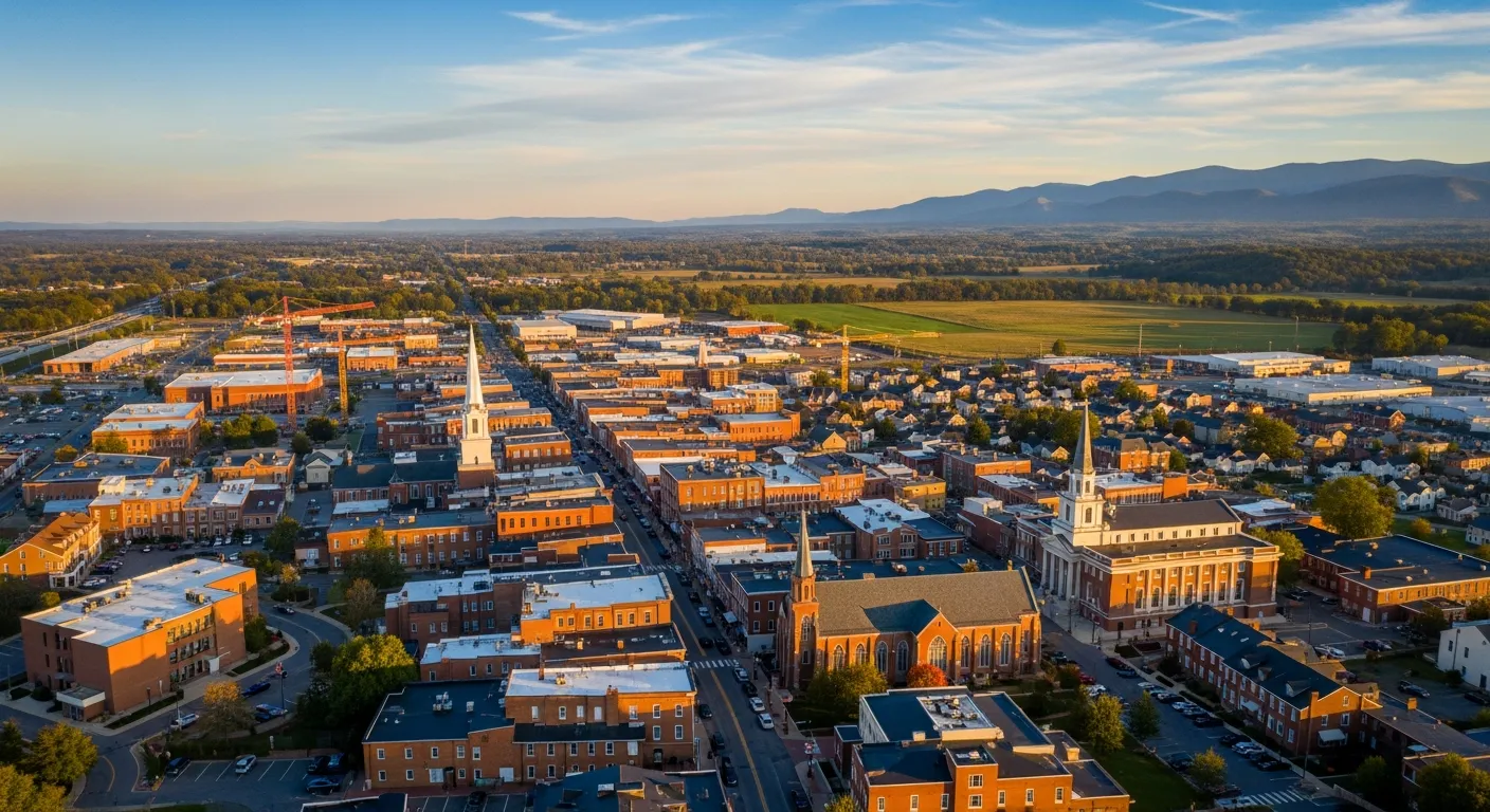Aerial view of Staunton, VA showing the local landscape and terrain relevant to aerial imaging operations