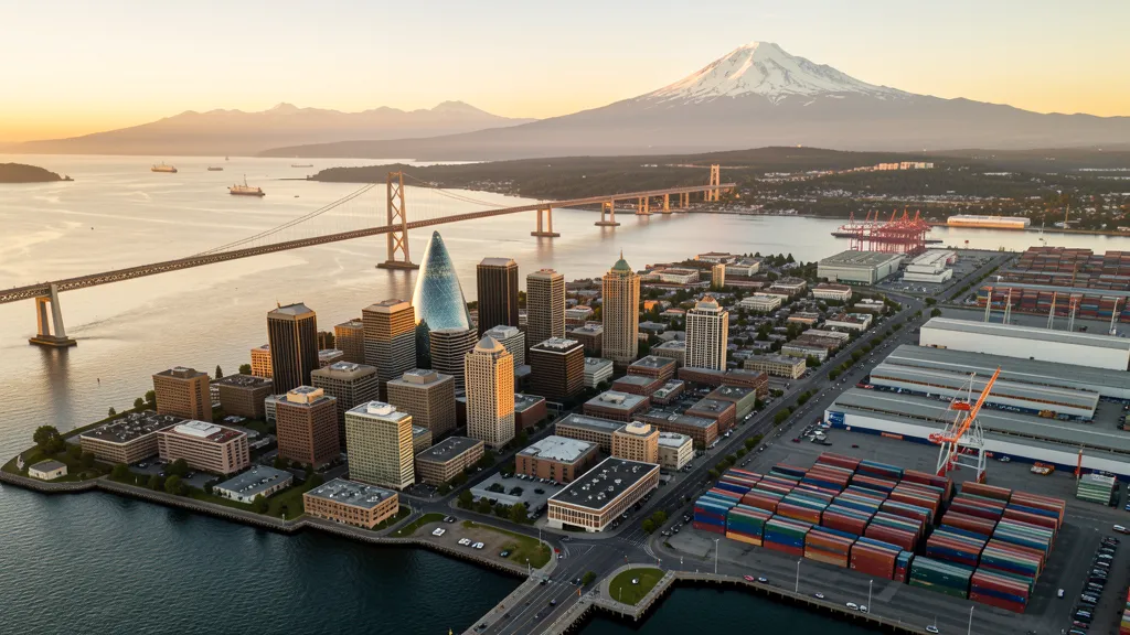 Aerial view of Tacoma, WA showing the local landscape and terrain relevant to aerial imaging operations