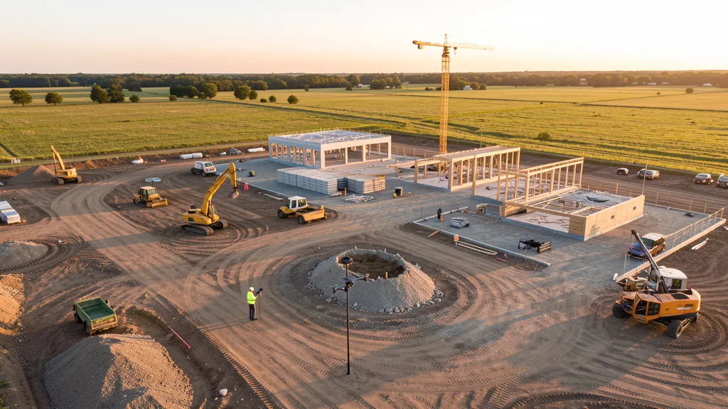 aerial imaging in progress at a construction site in Tinley Park, IL with local terrain visible