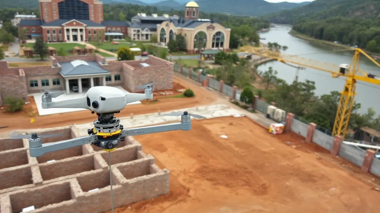 aerial imaging in progress at a construction site in Tuscaloosa, AL with local terrain visible