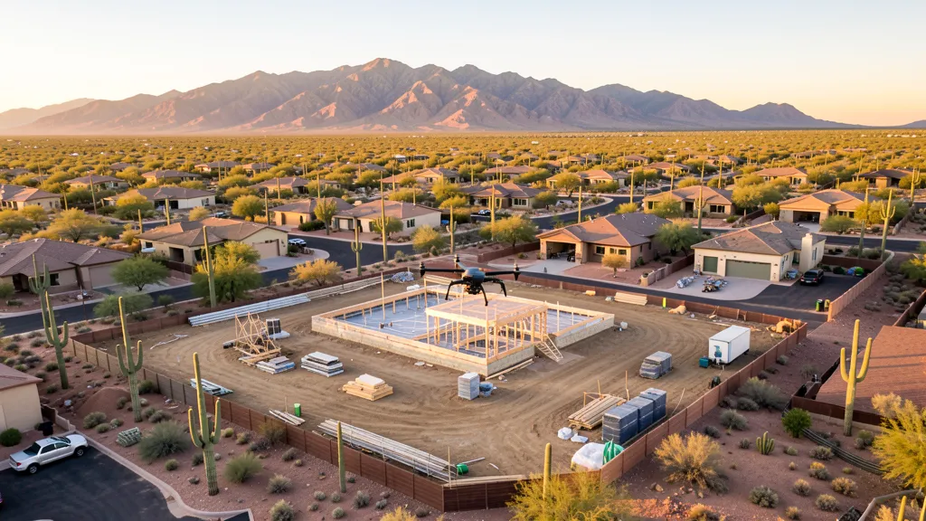 aerial imaging in progress at a construction site in Vail, AZ with local terrain visible