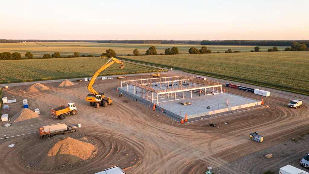 aerial imaging in progress at a construction site in Warrenville, IL with local terrain visible