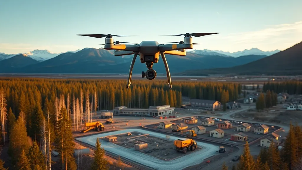 aerial imaging in progress at a construction site in Wasilla, AK with local terrain visible