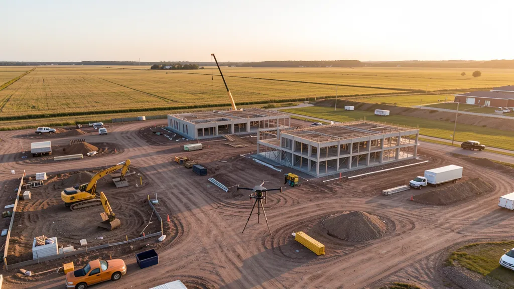 aerial imaging in progress at a construction site in Wheaton, IL with local terrain visible