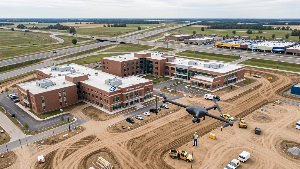 aerial imaging in progress at a construction site in Wyoming, MI with local terrain visible