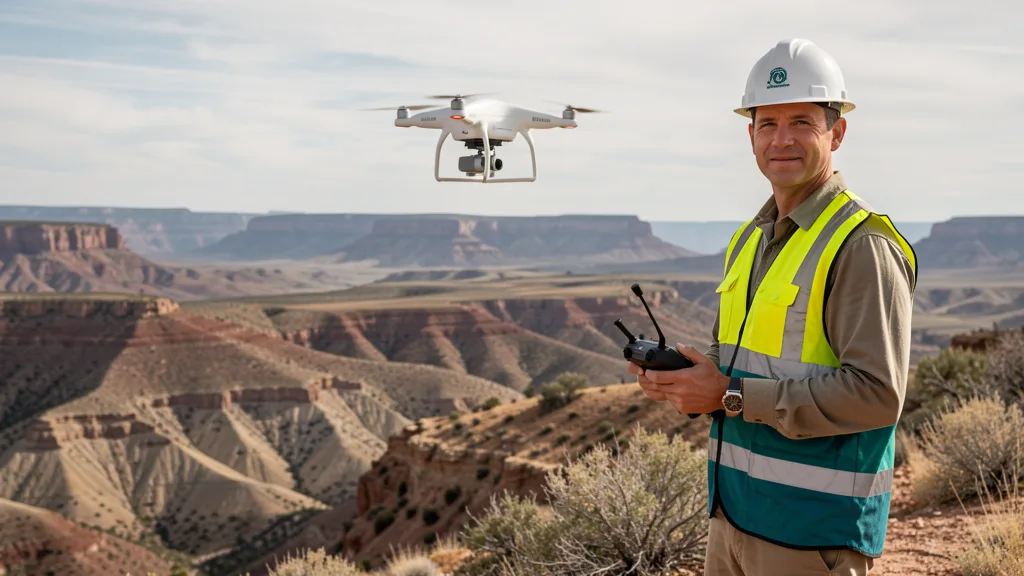 Drone operator in safety vest operating a quadcopter over rugged canyon terrain with a remote controller